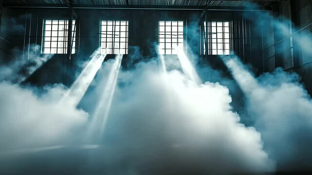 A smoke grenade in an industrial warehouse, releasing bright white smoke that fills the space, creating a dramatic effect with beams of light filtering through the windows