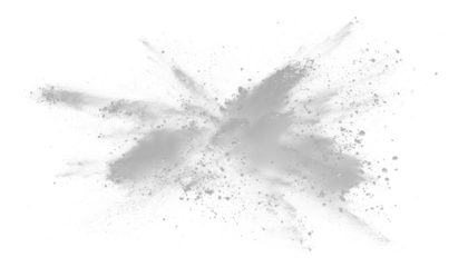 White gray dust powder explosion transparent PNG, isolated background. Dynamic blast eruption, monochrome color effect