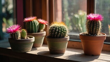 Colorful blooming cacti on the windowsill