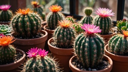Colorful blooming cacti on the windowsill