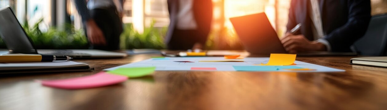 Strategic Business Team Planning Session Modern Office Collaborative Meeting Productive Environment Top-Down View Innovative Concepts for Success