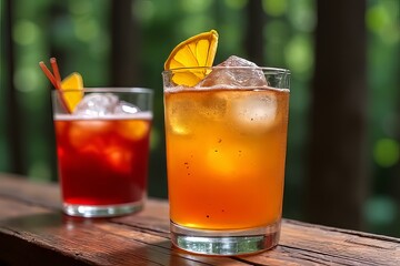 Refreshing Cocktails Outdoors - Two Iced Drinks with Fruit Garnish