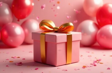 Pink gift box with golden ribbon surrounded by pink and red balloons