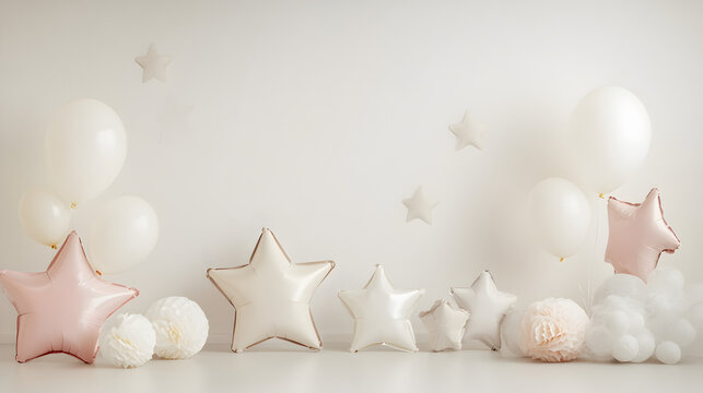 un fondo color claro en tonos pastel con globos en forma de estrellas decorativas para sesion de fotos o invitacion para bebes o celebraciones 