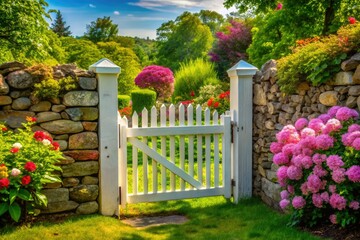 Fototapeta premium Rustic white picket fence divides a charming countryside landscape, a picturesque architectural photograph.