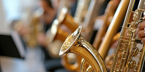 Close-up of Saxophone and Blurred Background of Brass Instruments and Musicians