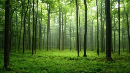 Naklejka premium Misty Green Forest Trees Lush Undergrowth