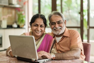 Portrait of a grinning indian couple in their 40s using a laptop together