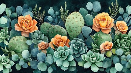 Watercolor seamless bouquet of succulents, including cacti and eucalyptus leaves