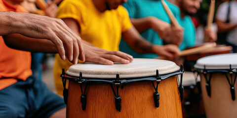 Fototapeta premium Hands Playing Conga Drum with Blurred Background