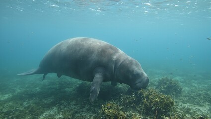 Tranquil dugong feeding around fish in coastal waters