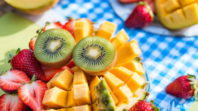 Vibrant tropical fruit arrangement with fresh kiwi, mango cubes, and strawberries &ndash; perfect for healthy summer recipes and colorful food photography