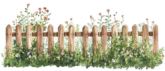 Obraz premium soft watercolor illustration of brown garden fence surrounded by lush greenery and colorful flowers, creating serene and inviting atmosphere