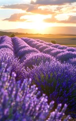 Obraz premium Lavender a serene landscape of lavender fields in full bloom under a golden sunset, with a gentle breeze creating ripples across the flowers
