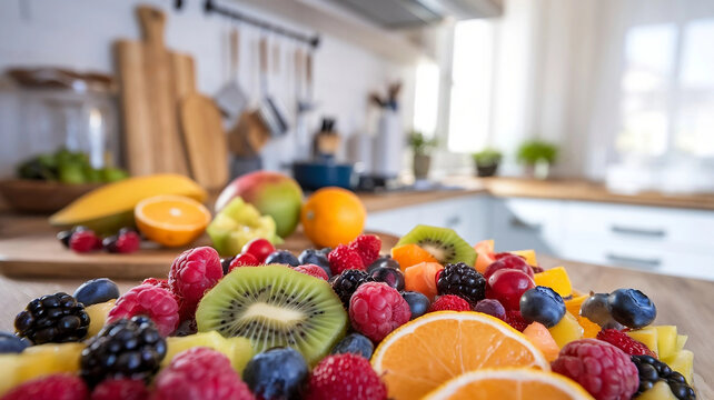 The colorful selection includes kiwi, raspberries, blueberries, blackberries, orange slices, and more, creating a visually appealing and healthy spread