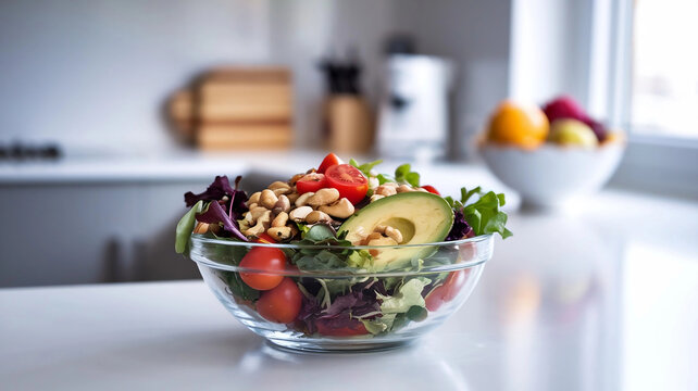 A vibrant, healthy salad served in a glass bowl on a kitchen countertop, featuring a mix of fresh greens, cherry tomatoes, avocado slices, and a generous topping of nuts.