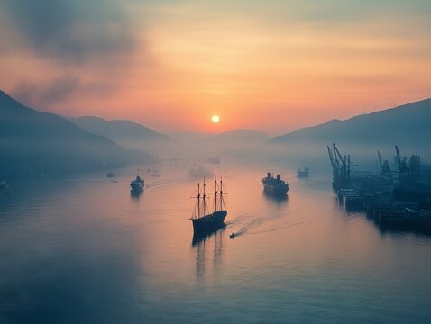 Vessels navigating a tranquil harbor at dawn, framed by mountains and a soft sunrise.