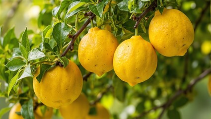 Fresh ripe lemons on branches in sunlight with green leaves