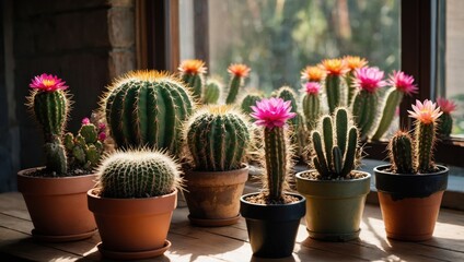 Colorful blooming cacti on the windowsill