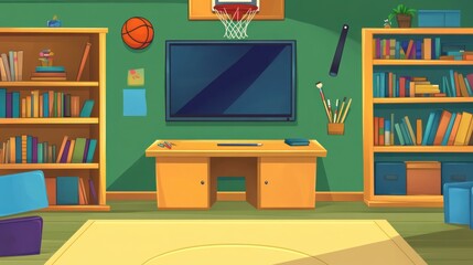Cartoon kids room with TV and bookshelves