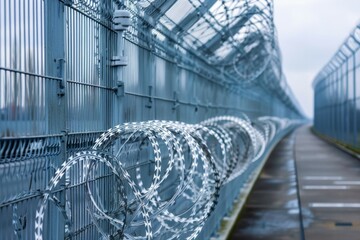 Razor barbed wire or concertina razor coil barrier security fence restricted security area in airport. Neural network ai generated