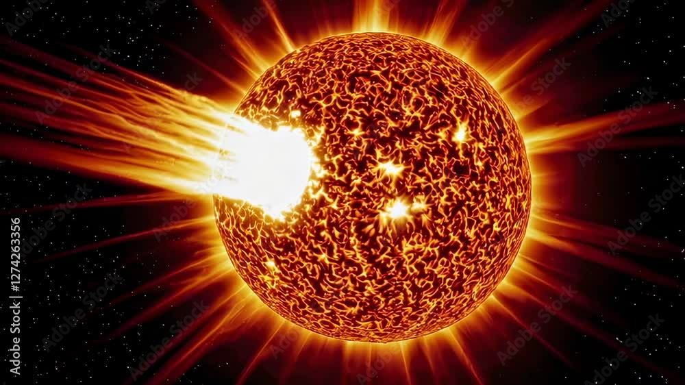Poster powerful solar flare eruption impacting the sun's surface, creating a visually stunning and scientif