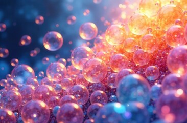 Vibrant multicolored soap bubbles illuminated by soft sunlight