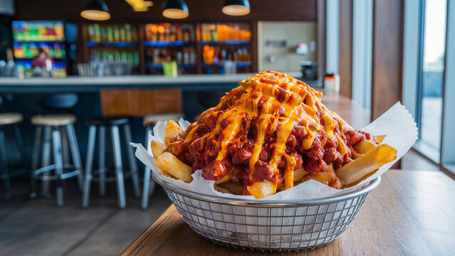 A basket of crispy fries topped with hearty chili and melted cheddar cheese, perfect for sharing or indulging on your own. Enjoy this ultimate comfort food treat at your favorite diner