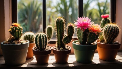 Colorful blooming cacti on the windowsill