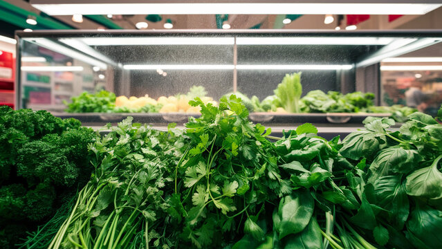 Fresh herbs on display at a grocery store, ready to add a burst of flavor to any dish. Vibrant and fragrant, these greens are perfect for cooking, garnishing, and enhancing your culinary creations