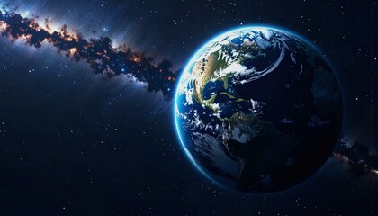 Naklejka premium Cosmic perspective of Earth floating in the darkness of space