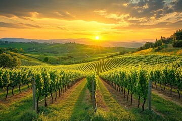 Fototapeta premium Sunlit vineyard with green grapevines stretching into the horizon