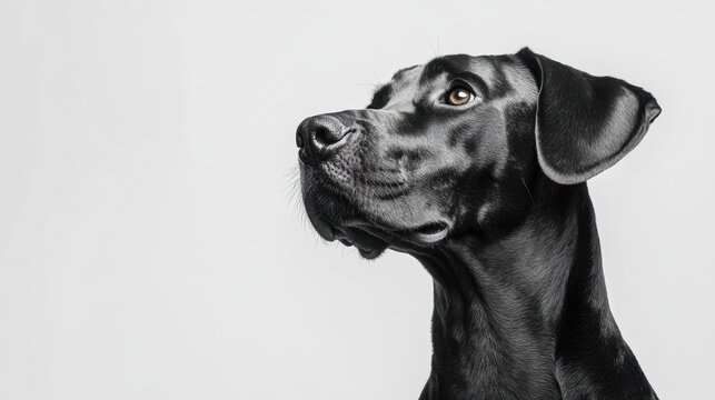 Black dog looking up at the camera with curious expression in a natural outdoor setting - Powered by Adobe