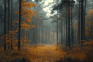 Fototapeta premium Mystical autumn forest with golden light and deep shadows