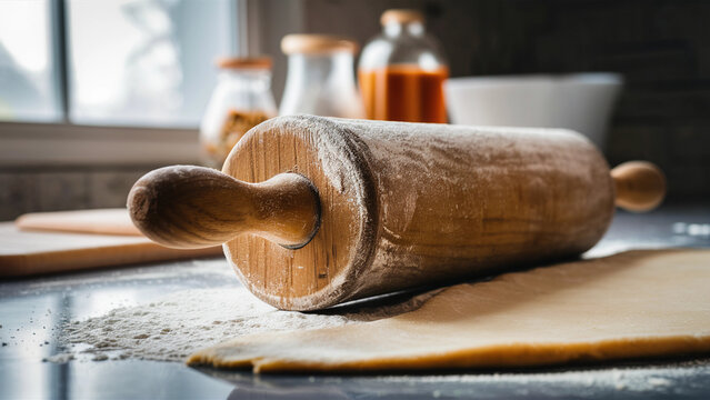 Rolling pin on dough, ready for baking. Flour dusts the surface, with jars in the background, creating a cozy kitchen scene