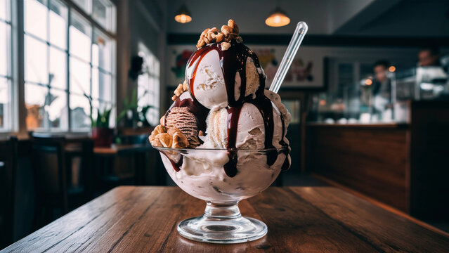 A delectable ice cream sundae topped with chocolate sauce, nuts, and a waffle, served in a glass bowl on a wooden table in a cozy cafe. 