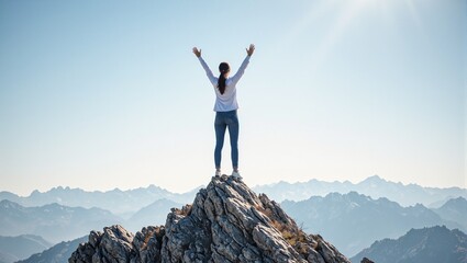 Obraz premium Successful businesswoman triumphantly on mountain peak
