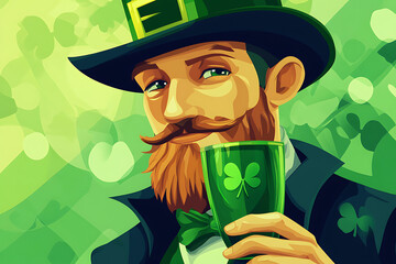 A cheerful leprechaun holding a green drink adorned with a shamrock, set against a festive background