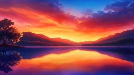 Fototapeta premium A stunning sunset reflects over a tranquil lake, surrounded by mountainous terrain. The vibrant colors of orange and purple create a serene and picturesque atmosphere.