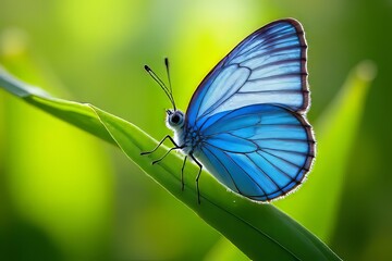 Fototapeta premium Stunning Close-up of a Vibrant Blue Butterfly on a Leaf