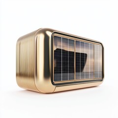 Fototapeta premium a luxurious golden house with a sleek metallic roof and high-tech solar panels, futuristic sustainable architecture, ultra-detailed reflections, isolated on white background