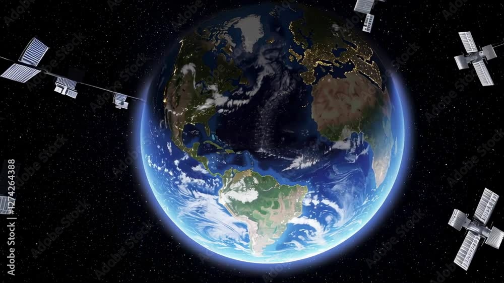 Poster Planet earth majestically rotates in the vast expanse of space, surrounded by a network of orbiting satellites, gracefully moving in slow motion against a backdrop of distant stars