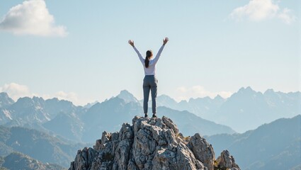 Successful businesswoman triumphantly on mountain peak