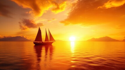 Fototapeta premium A stunning sunset over calm waters with a silhouette of a sailboat
