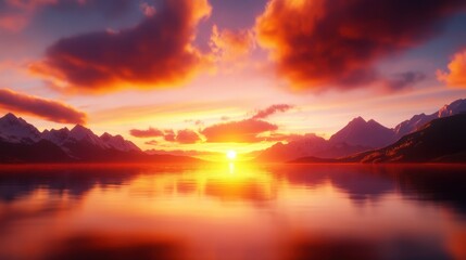 A stunning sunset over serene mountains, reflecting beautifully on a calm lake