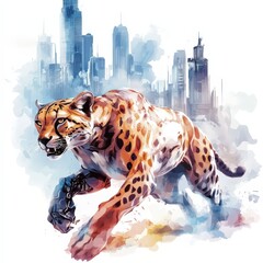Obraz premium Vibrant Urban Jungle: Dynamic Watercolor Illustration of a Powerful Roaring Tiger & Leopard in the Cityscape