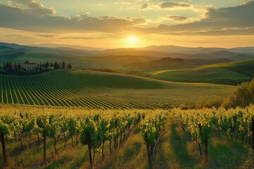 Fototapeta premium Vast vineyard with golden sunset casting warm light over rolling hills