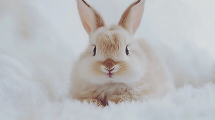 A cute baby rabbit is laying on a white blanket