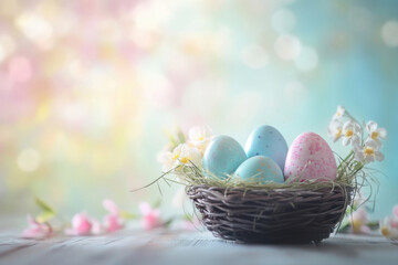 Beautiful Easter card. Bright spring background with flowers, Easter eggs in a basket. Traditional Easter illustration. Easter gift card. Copy space