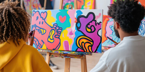 Collaborative Painting of Abstract Canvas with Bold Colors and Cartoonish Figures